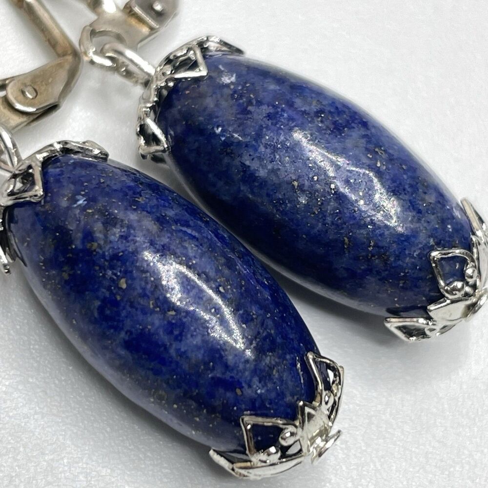 Artisan Lapis Lazuli Beaded Silver Tone Dangle Lever Back Earrings Boho Timeless - Picture 4 of 6